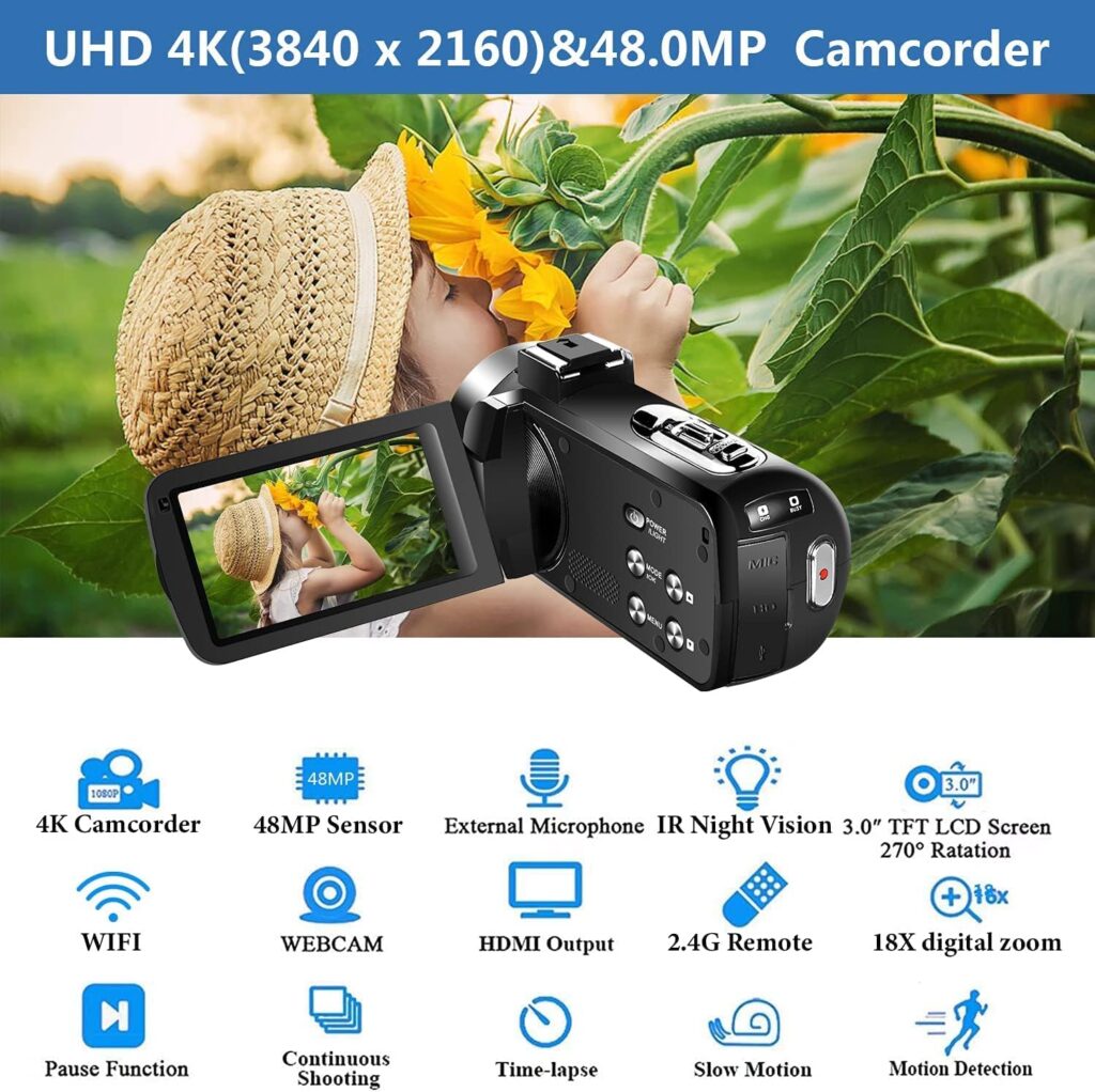 Video Camera UHD 4K 48MP for YouTube 18 X Digital Camcorder IR Night Vision Wi-Fi Vlogging Camera With Microphone 2.4G Remote 3 in Touch Screen Handheld Stabilizer