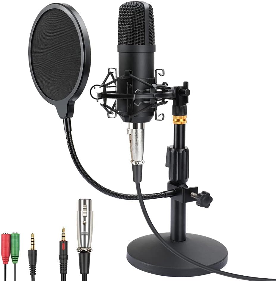 ZHENREN Professional Studio Condenser Microphone, Computer PC Microphone Kit with 3.5mm XLR/Pop Filter/Shock Mount for Professional Studio Recording Podcasting Broadcasting