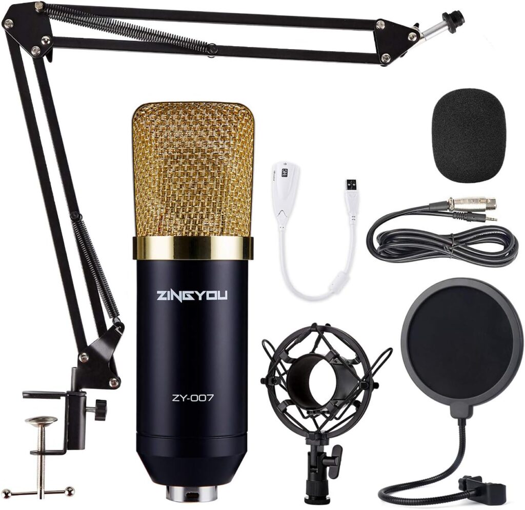 ZINGYOU Condenser Microphone Bundle, ZY-007 Professional Cardioid Studio Condenser Mic Include Adjustable Suspension Scissor Arm Stand, Shock Mount and Pop Filter, Studio Recording  Broadcasting