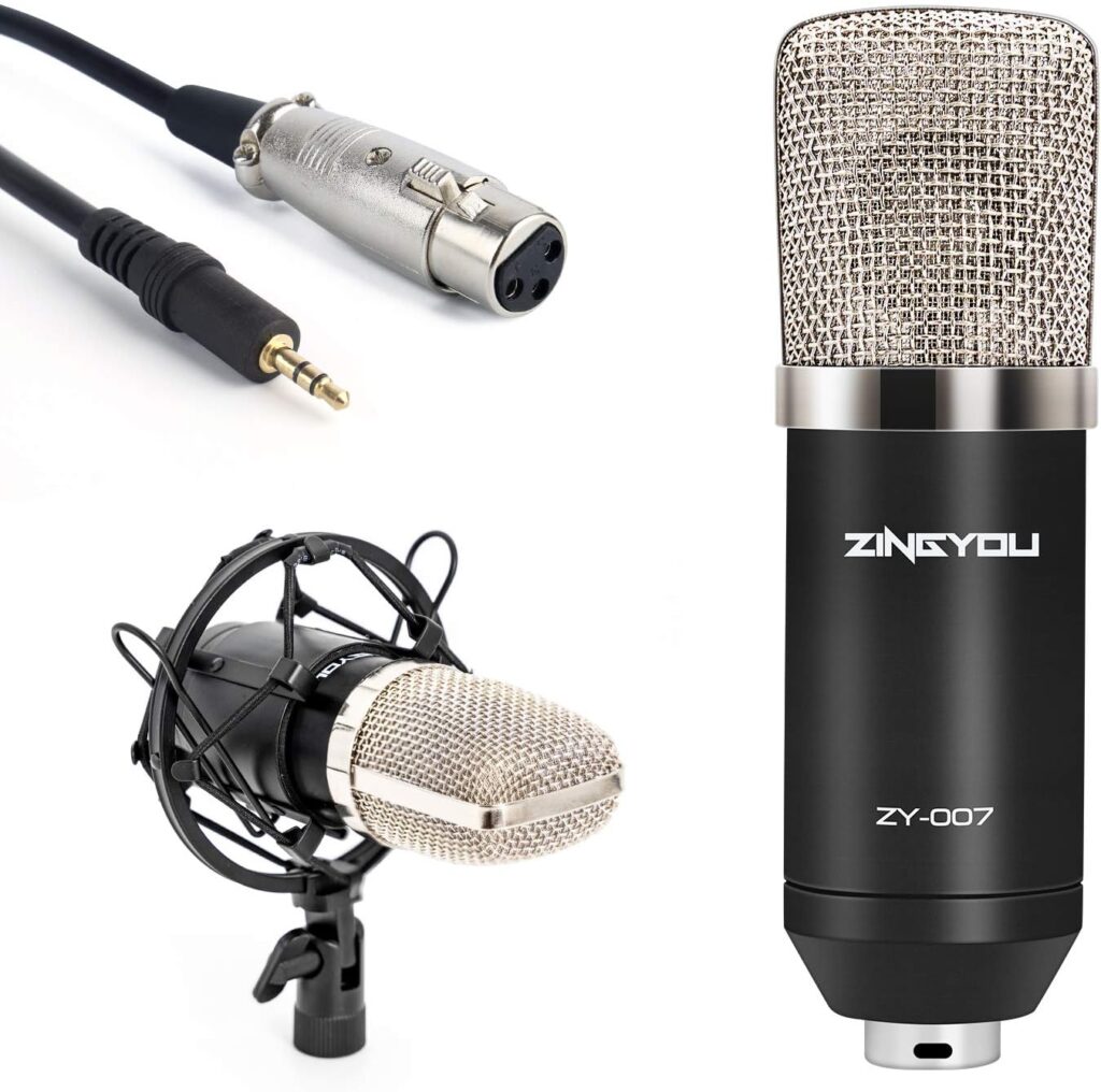 ZINGYOU Condenser Microphone Bundle, ZY-007 Professional Cardioid Studio Condenser Mic Include Adjustable Suspension Scissor Arm Stand, Shock Mount and Pop Filter, Studio Recording  Broadcasting