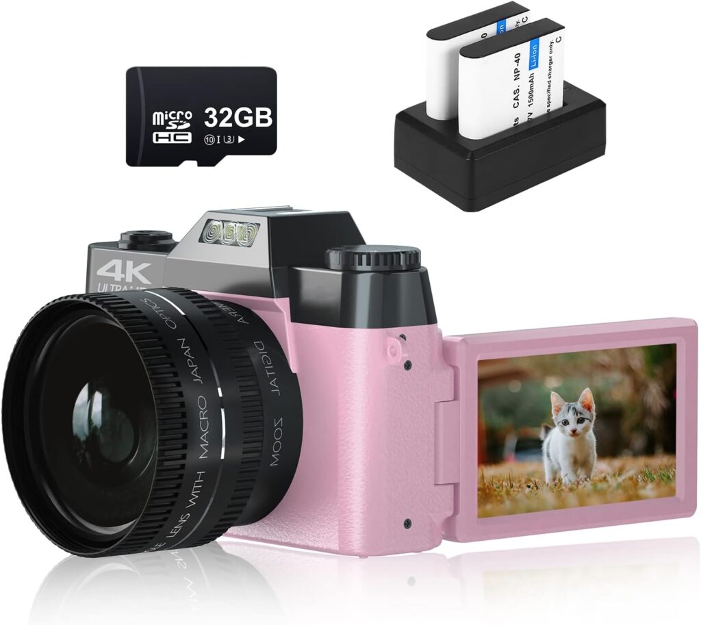 4K Digital Camera for Photography VJIANGER 48MP Vlogging Camera for YouTube with 3.0’’ 180° Flip Screen, WiFi, 16X Digital Zoom, Wide Angle  Macro Lens, 2 Batteries, 32GB Micro SD Card(W02-Pink30)