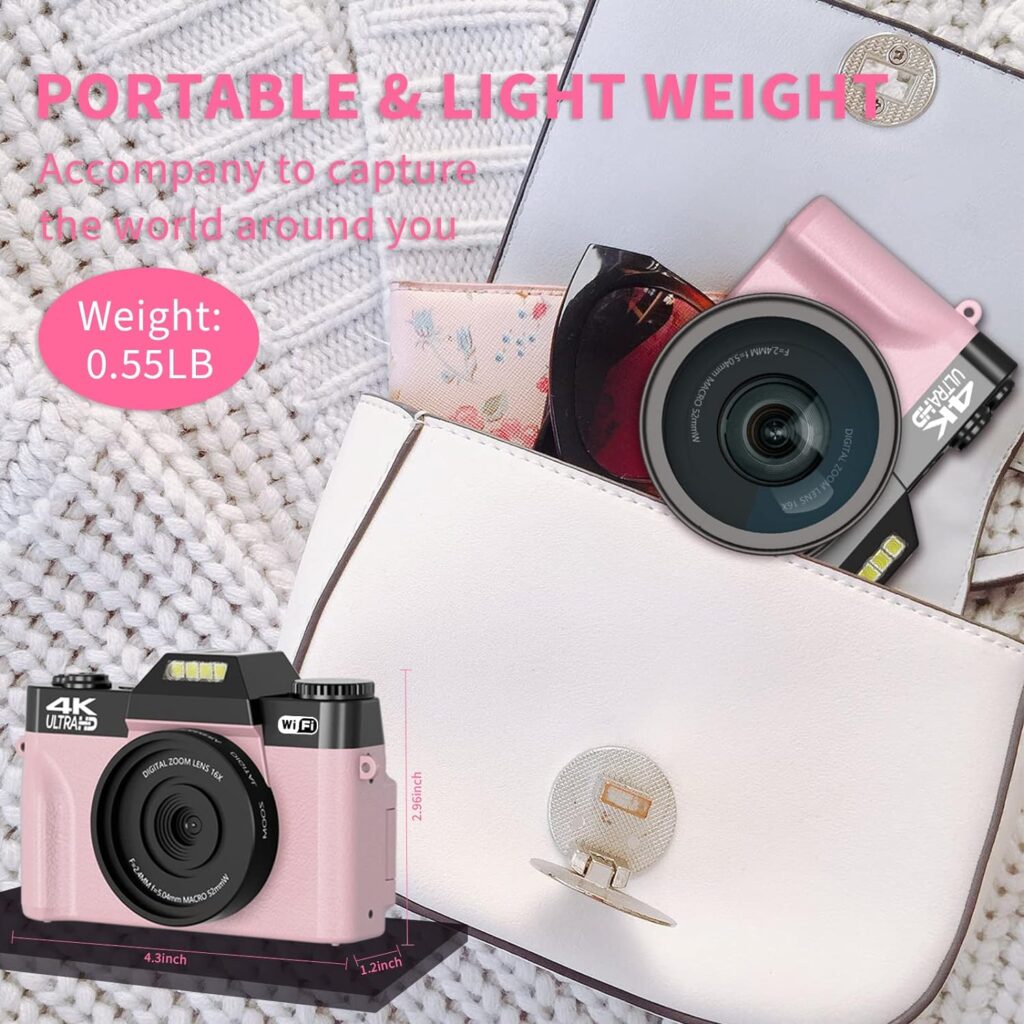 4K Digital Camera for Photography VJIANGER 48MP Vlogging Camera for YouTube with 3.0’’ 180° Flip Screen, WiFi, 16X Digital Zoom, Wide Angle  Macro Lens, 2 Batteries, 32GB Micro SD Card(W02-Pink30)