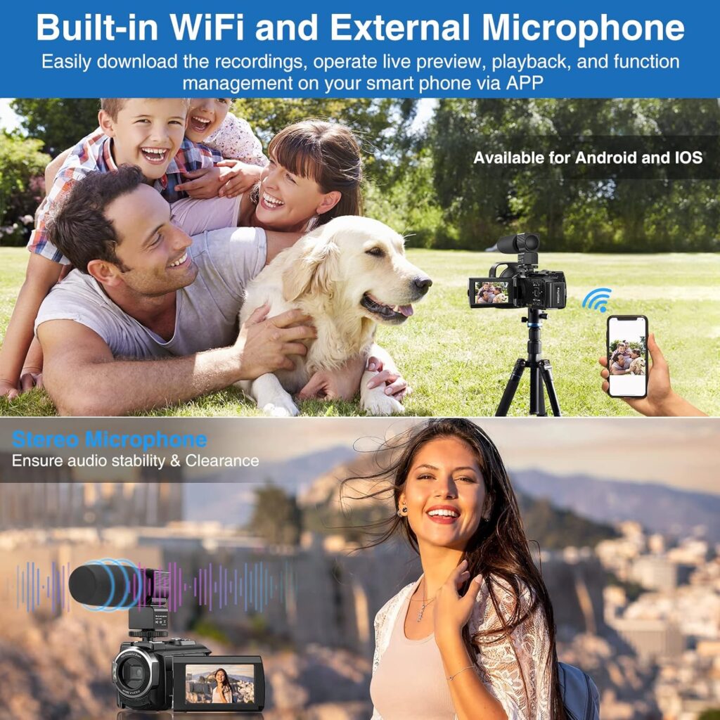 DuaFcoh 4K Video Camera Camcorder 48MP Vlogging Camera for YouTube WiFi Digital Camera 16X Digital Zoom IR Night Shot Camcorder with Microphone, Stabilizer, Lens Hood, Batteries