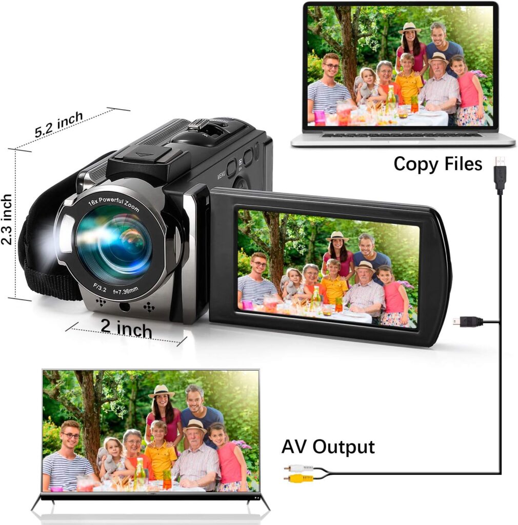 kimire Video Camera Camcorder Digital Camera Recorder Full HD 1080P 15FPS 24MP 3.0 Inch 270 Degree Rotation LCD 16X Digital Zoom Camcorder Camera with 2 Batteries(Black)