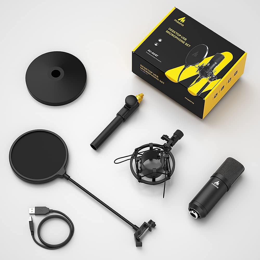 MAONO USB Microphone Kit 192KHZ/24BIT AU-A04T PC Condenser Podcast Streaming Cardioid Mic Plug  Play for Computer, YouTube, Gaming Recording