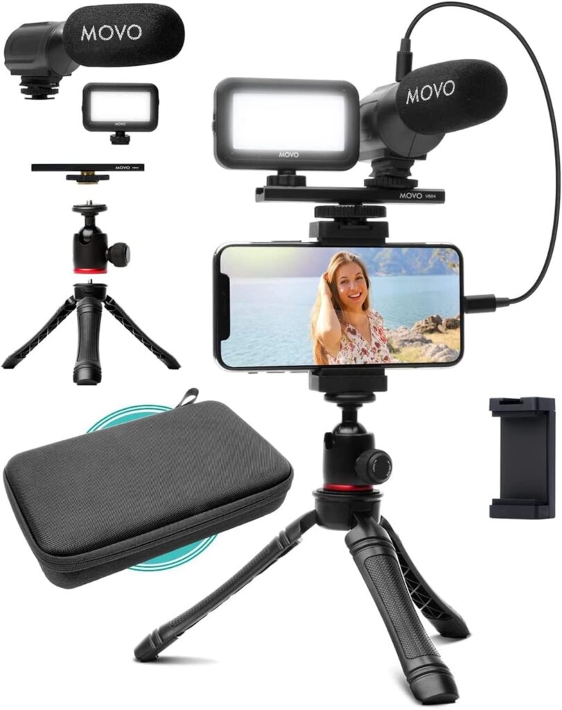 Movo iVlogger Vlogging Kit for iPhone - Lightning Compatible YouTube Starter Kit for Content Creators - Accessories: Phone Tripod, Phone Mount, LED Light and Shotgun Microphone