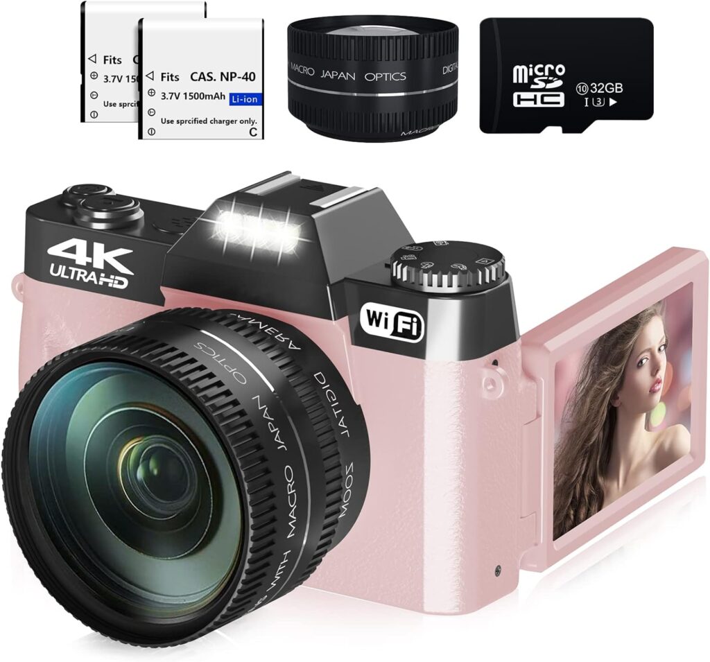 WIKICO Digital Cameras for Photography, 4K 48MP Vlogging Camera for YouTube with WiFi, Manual Focus, 16X Digital Zoom, 52mm Wide Angle Lens  Macro Lens, 32GB TF Card and 2 Batteries(Pink)