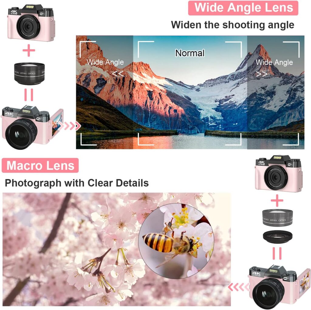 WIKICO Digital Cameras for Photography, 4K 48MP Vlogging Camera for YouTube with WiFi, Manual Focus, 16X Digital Zoom, 52mm Wide Angle Lens  Macro Lens, 32GB TF Card and 2 Batteries(Pink)