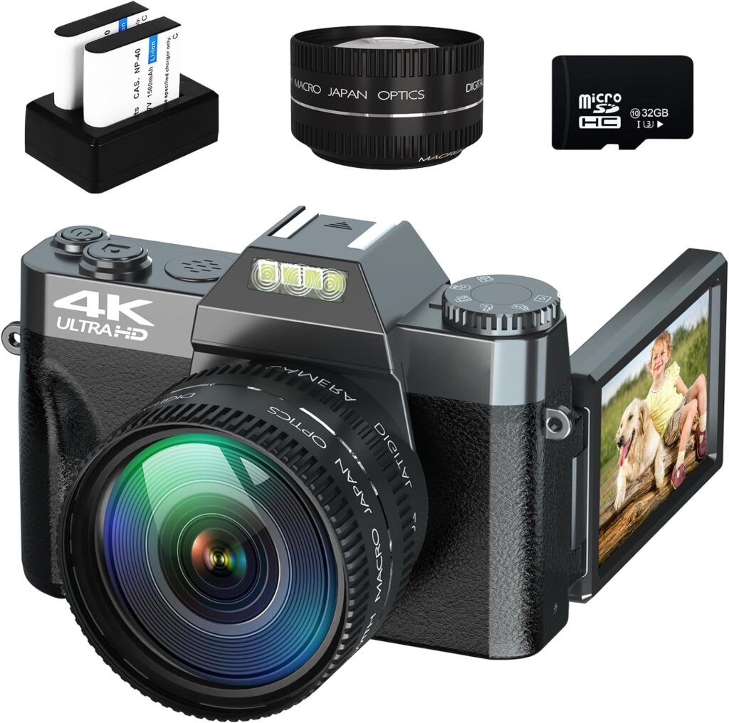 Digital Cameras for Photoggraphy 4K 48MP Vlogging Camera for YouTube with Built-in Fill Light, 16X Digital Zoom, Manual Focus, 52mm Wide Angle Lens  Macro Lens, 32GB TF Card and 2 Batteries