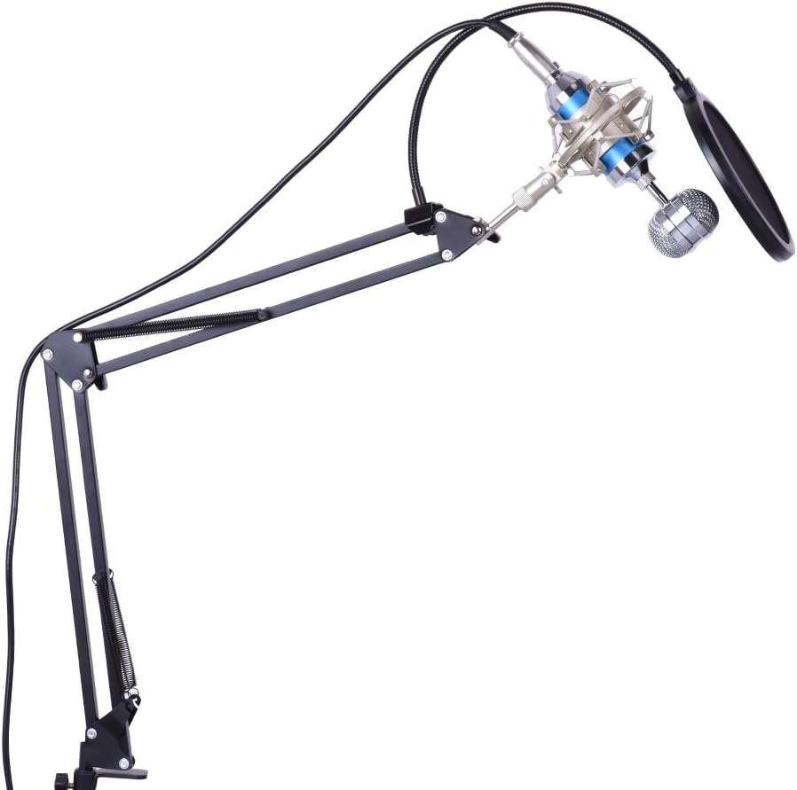 mewmewcat Broadcasting Microphone, Professional Studio Broadcasting Recording Condenser Microphone Mic Kit Set 3.5mm with Shock Mount Adjustable Suspension Scissor Arm Stand Mounting Clamp Pop Filter