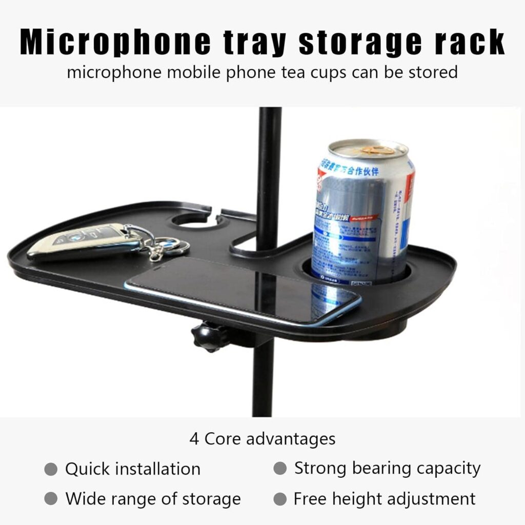 Microphone Stand Accessory Tray, Adjustable Mic Clamp On Utility Shelf Stand, Platform Holder for Music Sheet, Value Shelf Accessories for Recording, Broadcasting, Performance and Live Streaming