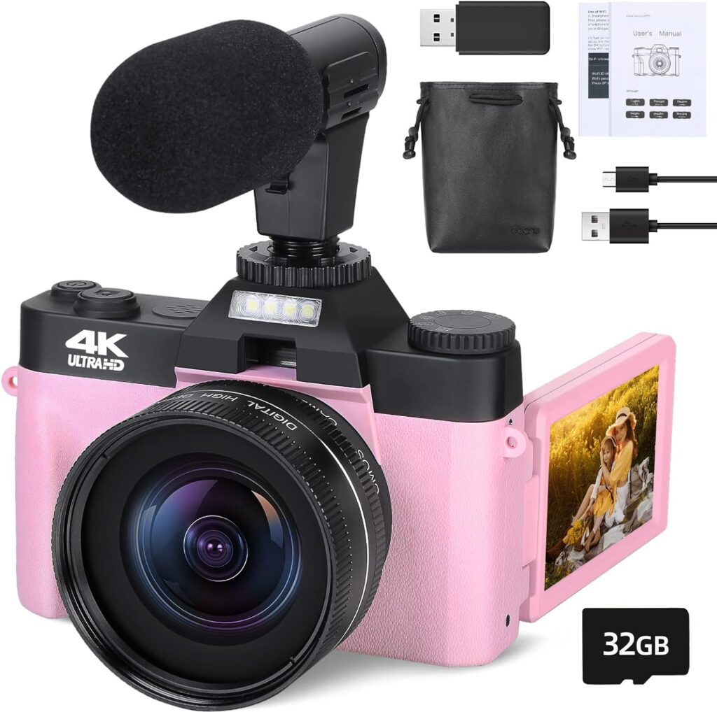 Monitech Digital Cameras for Photography, 48MP4K Vlogging Camera for YouTube, Video Camera with Wide-Angle  Macro Lenses, 16X Digital Zoom, Flip Screen, External Microphone, 32GB TF Card - Pink