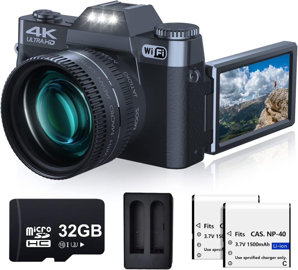 VJIANGER 4K Digital Camera 48MP WiFi Vlogging Camera for YouTube with 180° Flip Screen, 16X Digital Zoom, 52mm Wide Angle  Macro Lens, 2 Batteries, 32GB TF Card(W02 Black4)