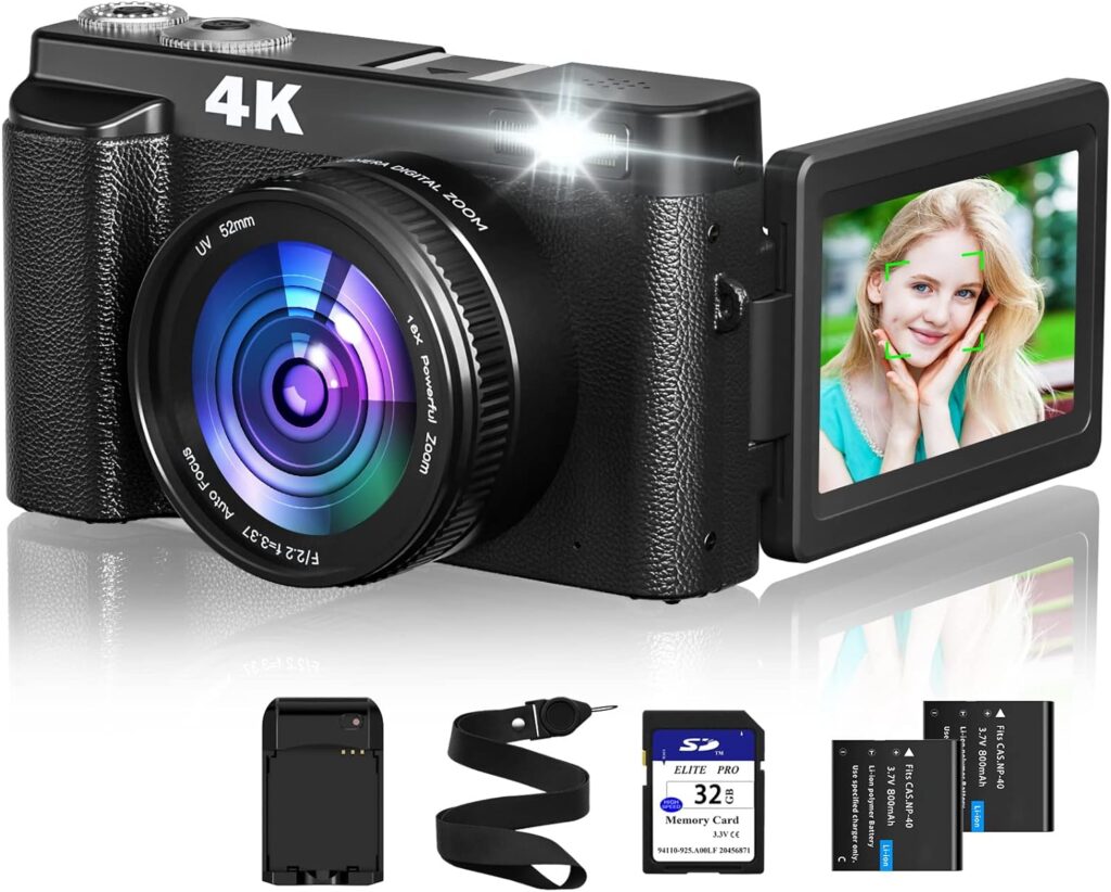 4K Digital Camera for Photography and Video Autofocus 48MP Vlogging Camera for YouTube with SD Card 3” Flip Screen Flash 16x Zoom Anti-Shake Travel Camera 2 Batteries|Battery Charger for Beginner