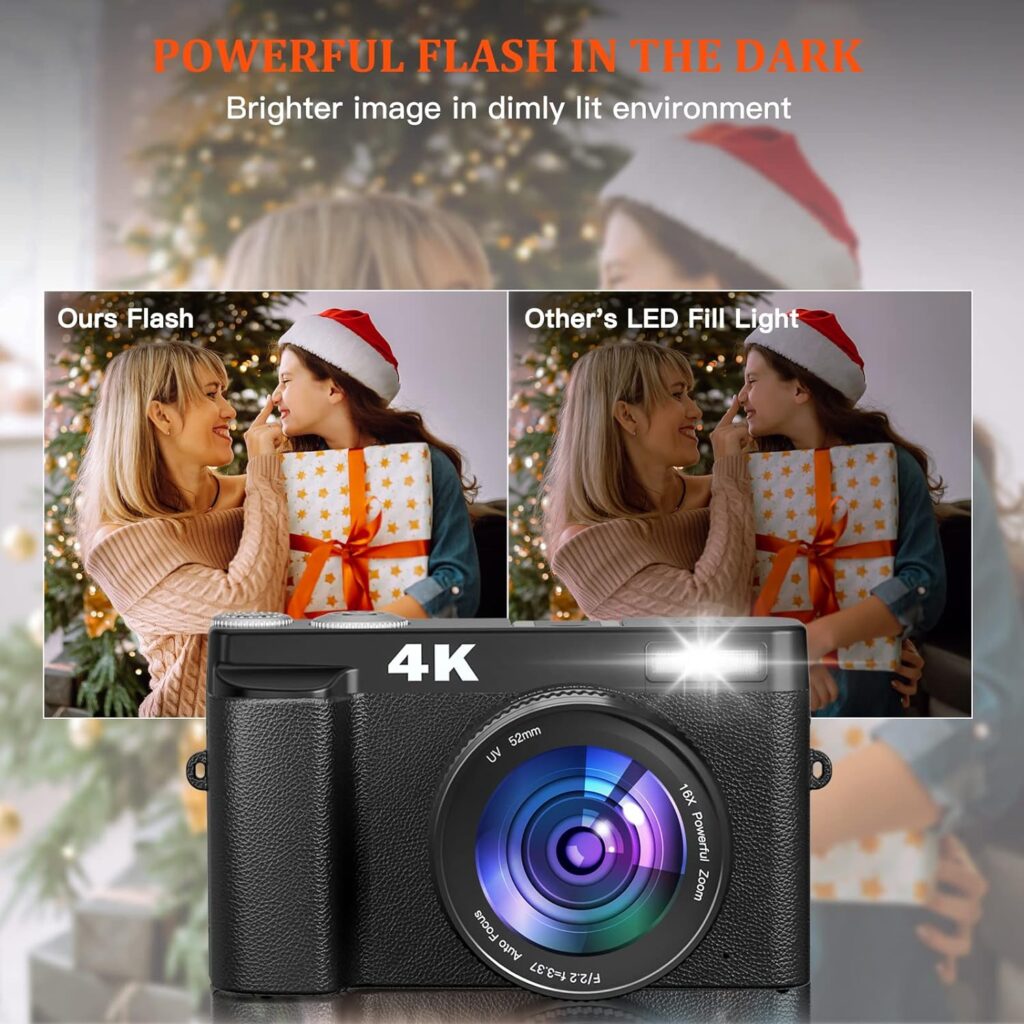 4K Digital Camera for Photography and Video Autofocus 48MP Vlogging Camera for YouTube with SD Card 3” Flip Screen Flash 16x Zoom Anti-Shake Travel Camera 2 Batteries|Battery Charger for Beginner