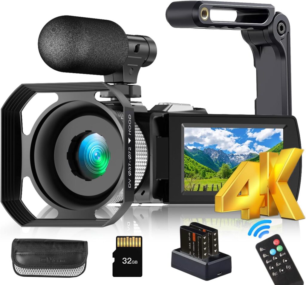 4K Video Camera Camcorder for Recording - 60FPS 3.0 Flip Screen 16 X Digital Zoom 4K Ultra HD Camera for Youtube Webcam Vlogging Starter to Make Films with External Microphone, 2 Batteries, Lens Hood