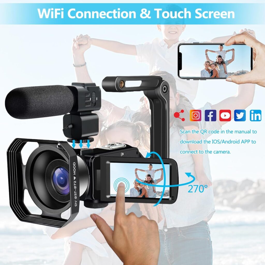 4K Video Camera Camcorder, lovpo 48MP UHD IR Night Vision WiFi Vlogging Camera for YouTube, 18X Zoom 3 Touch Screen Digital Camera Recorder with SD card, Mic,Stabilizer,Lens Hood, Remote, 2 Batteries