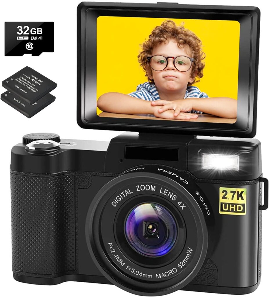 Digital Camera for Photography 2.7K 30MP Vlogging Camera for YouTube Compact Point and Shoot Camera for Beginners with 2 Batteries32G SD Card