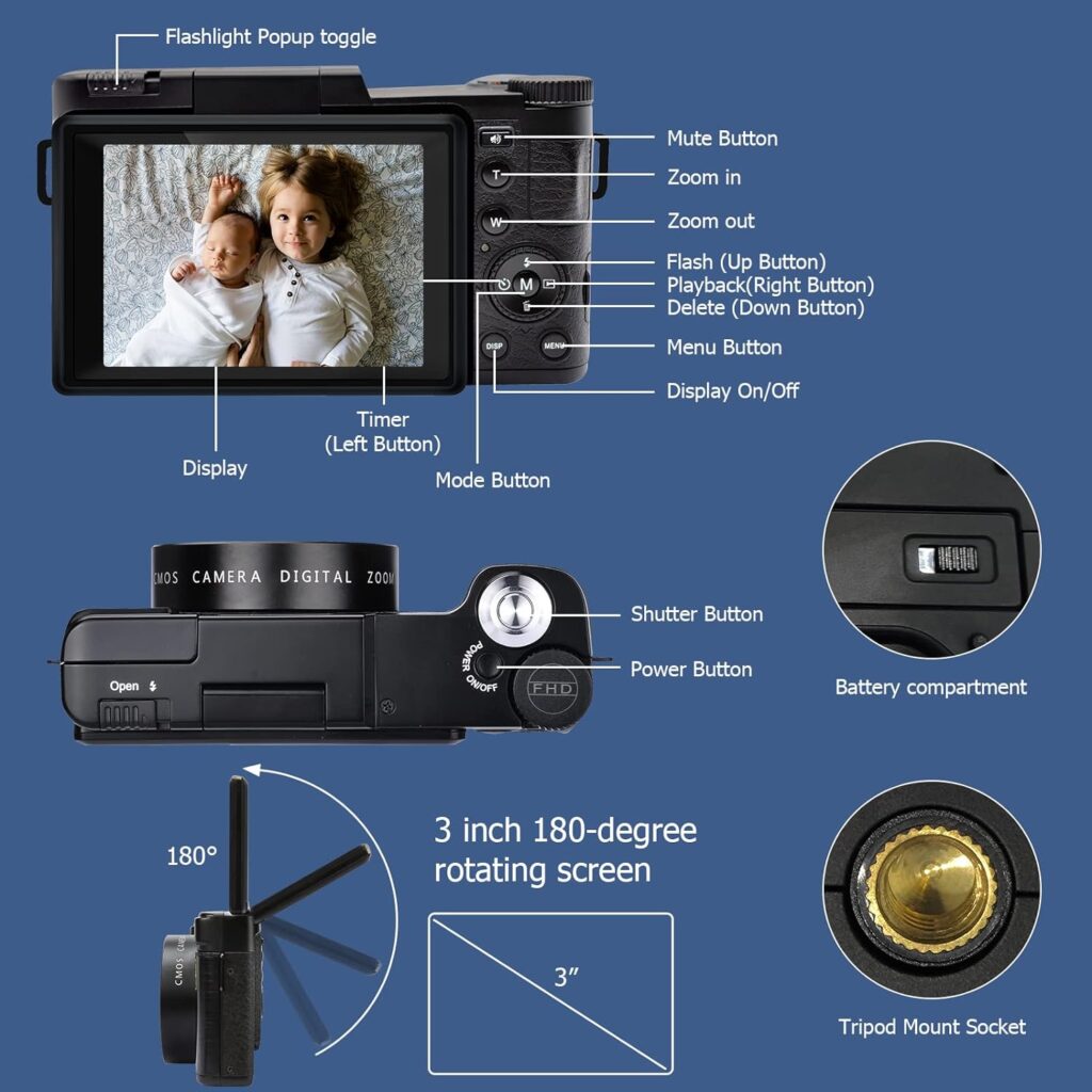 Digital Camera for Photography 2.7K 30MP Vlogging Camera for YouTube Compact Point and Shoot Camera for Beginners with 2 Batteries32G SD Card