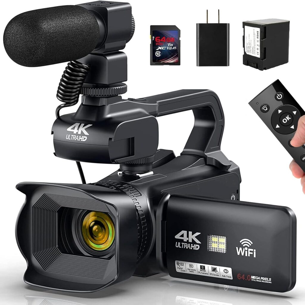 Video Camera Camcorder 4K 64MP 60FPS,HD Auto Focus Vlogging 4.0 Touch Screen 18X Zoom Digital Camera with Charger, Microphone, Handhold Stabilizer, 64G SD Card, Remote Control