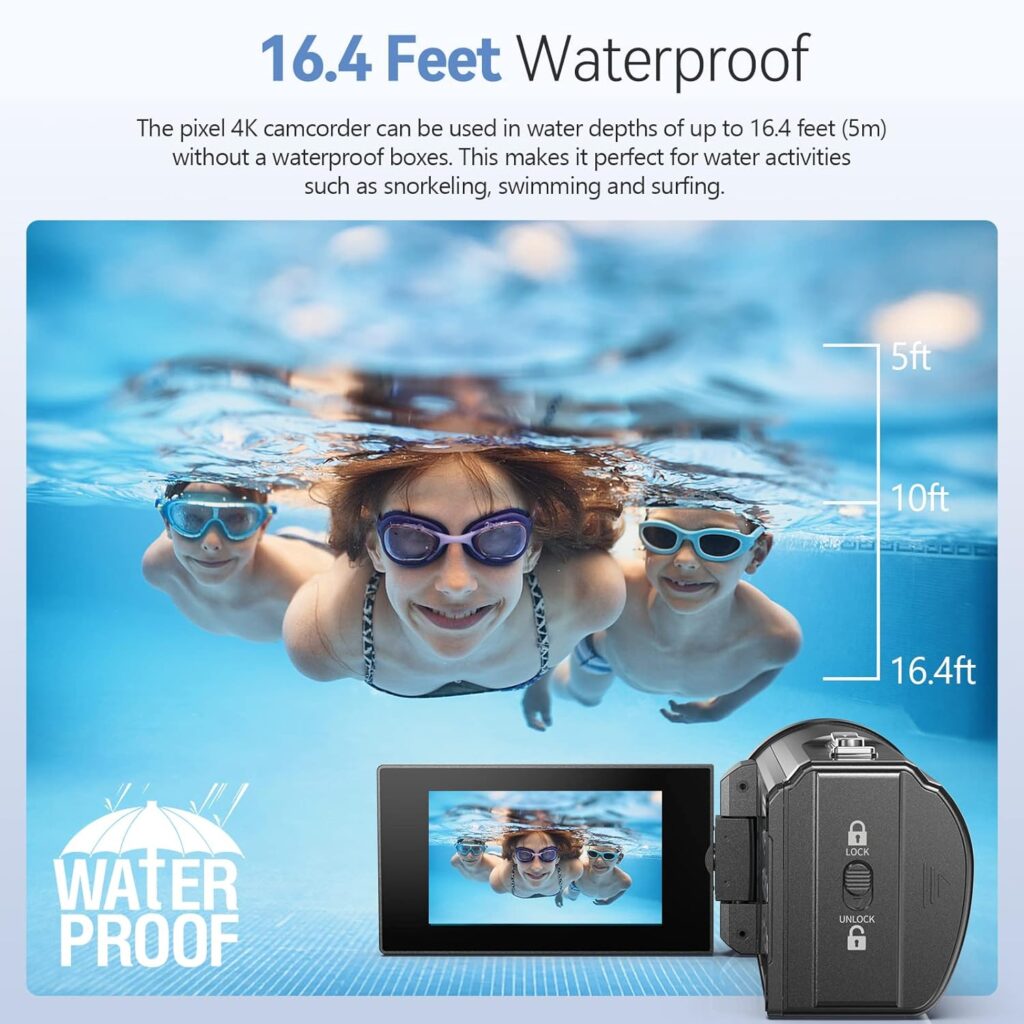 Video Camera Camcorder Waterproof Camera 4K Ultra HD 56MP 30FPS 18X Digital Zoom Underwater Camera Vlogging Camera For Youtube, 16.4Ft Waterproof Video Camera with 3500mAh Battery, 64G SD Card