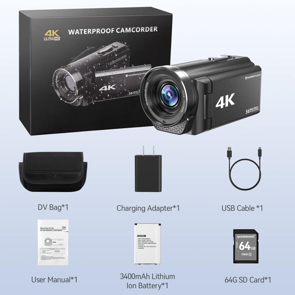 Video Camera Camcorder Waterproof Camera 4K Ultra HD 56MP 30FPS 18X Digital Zoom Underwater Camera Vlogging Camera For Youtube, 16.4Ft Waterproof Video Camera with 3500mAh Battery, 64G SD Card