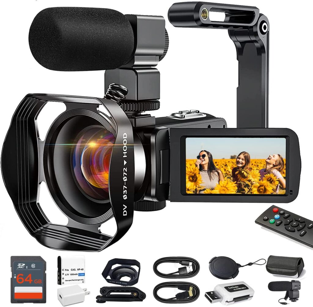 4K Video Camera Camcorder 48MP Vlogging Camera for YouTube 60FPS 18X Zoom Digital Video Camera with Auto Focus WiFi, Webcam, Mic, Stabilizer, 64GB SD Card, Card Reader, Remote Control