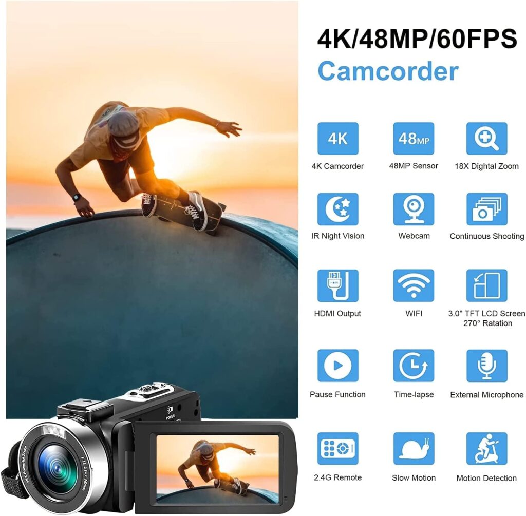 4K Video Camera Camcorder 48MP Vlogging Camera for YouTube 60FPS 18X Zoom Digital Video Camera with Auto Focus WiFi, Webcam, Mic, Stabilizer, 64GB SD Card, Card Reader, Remote Control