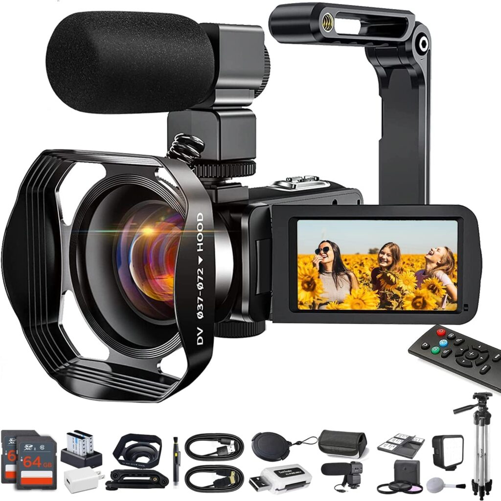 4K Video Camera Camcorder 48MP Vlogging Camera for YouTube 60FPS 18X Zoom Digital Video Camera with Auto Focus WiFi, Webcam, Mic, Stabilizer, 64GB SD Card, Card Reader, Remote Control