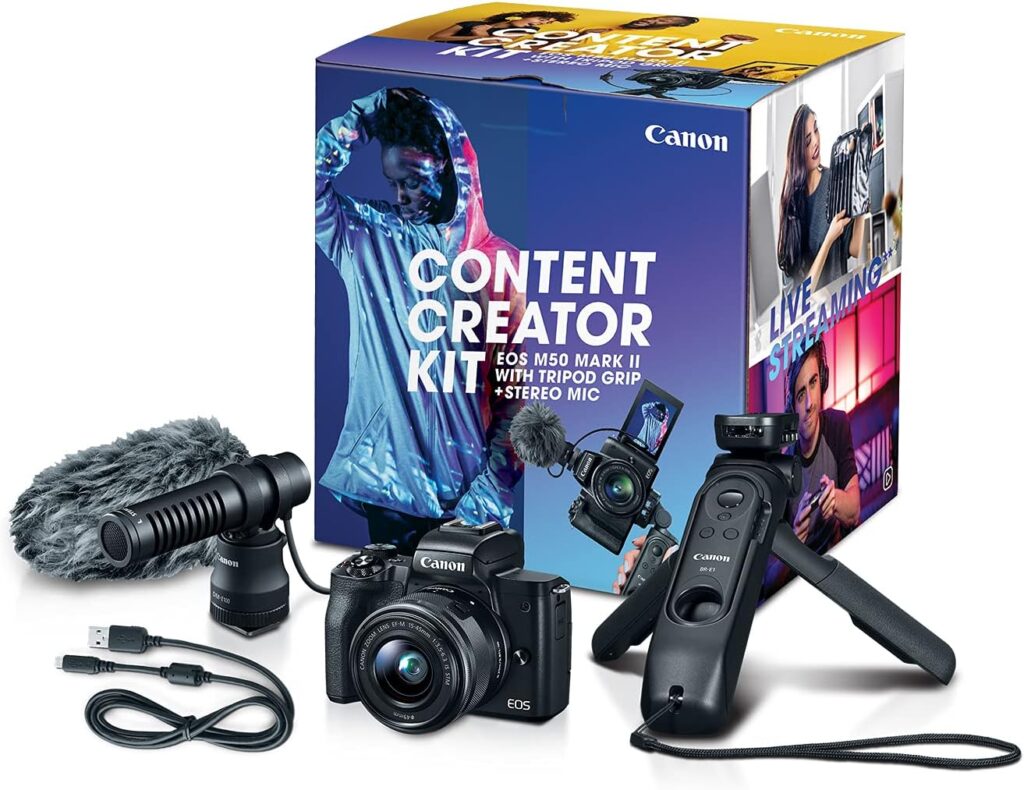 Canon EOS M50 Mark II Content Creator Kit, Mirrorless 4K Vlogging Camera Kit Includes EF-M 15-45mm Lens, Tripod Grip, Stereo Microphone Black