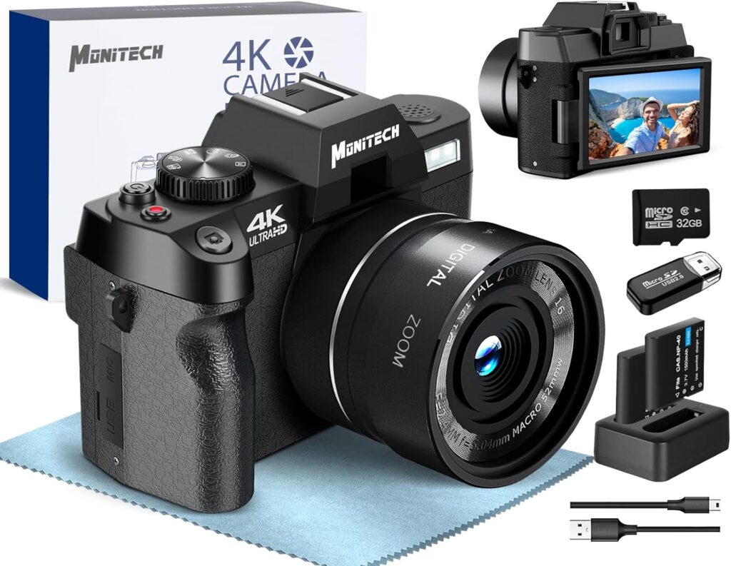 Digital Camera for Photography and Video, 4K 48MP Vlogging Camera for YouTube with 180° Flip Screen,16X Digital Zoom, 2 Batteries，32GB TF Card