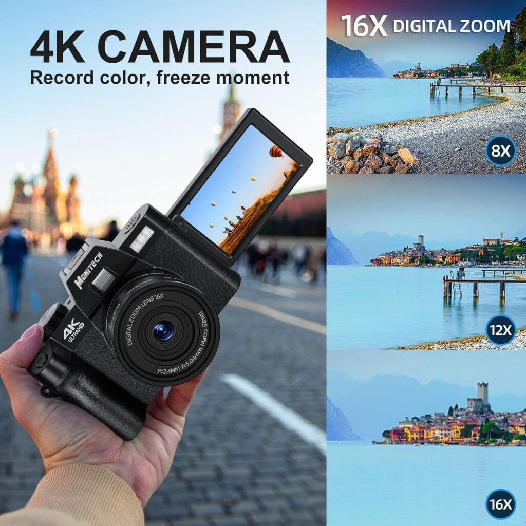 Digital Camera for Photography and Video, 4K 48MP Vlogging Camera for YouTube with 180° Flip Screen,16X Digital Zoom, 2 Batteries，32GB TF Card